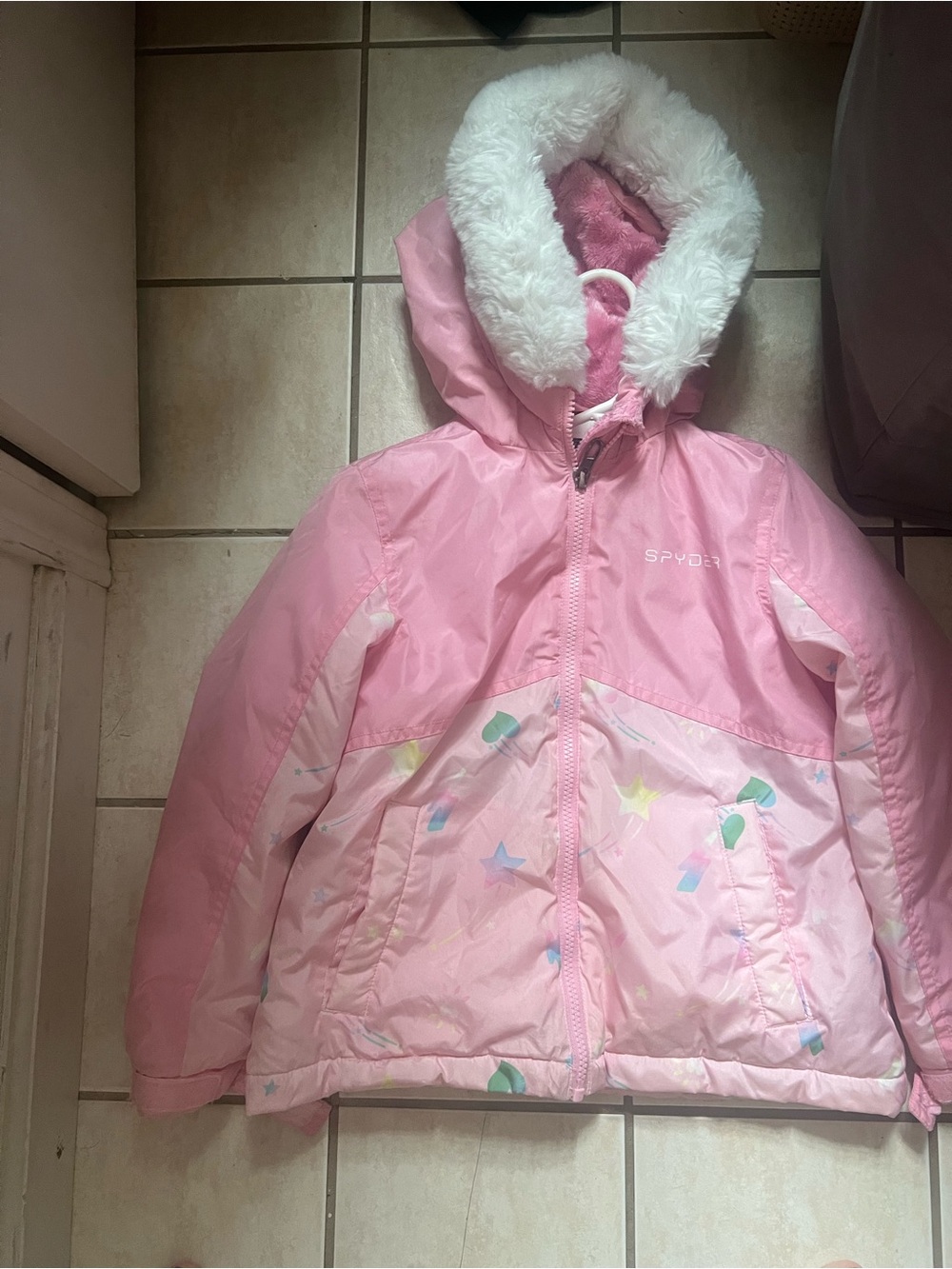 Spyder Pink Girls' Hooded Puffer Jacket with Faux-Fur Trim